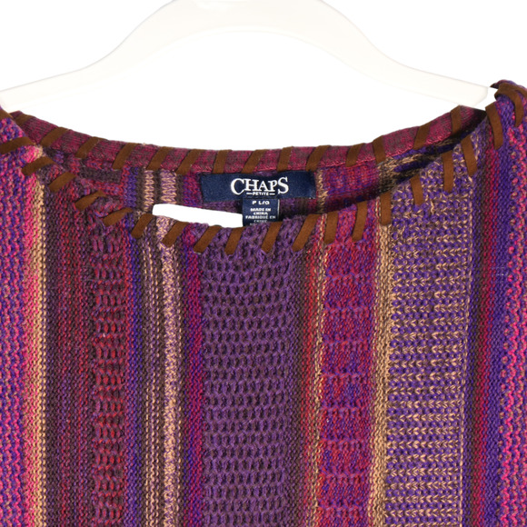 Chaps Sweater Womens PL Petite Large Purple Stripe Leather Trim Preppy Classic - Picture 3 of 8